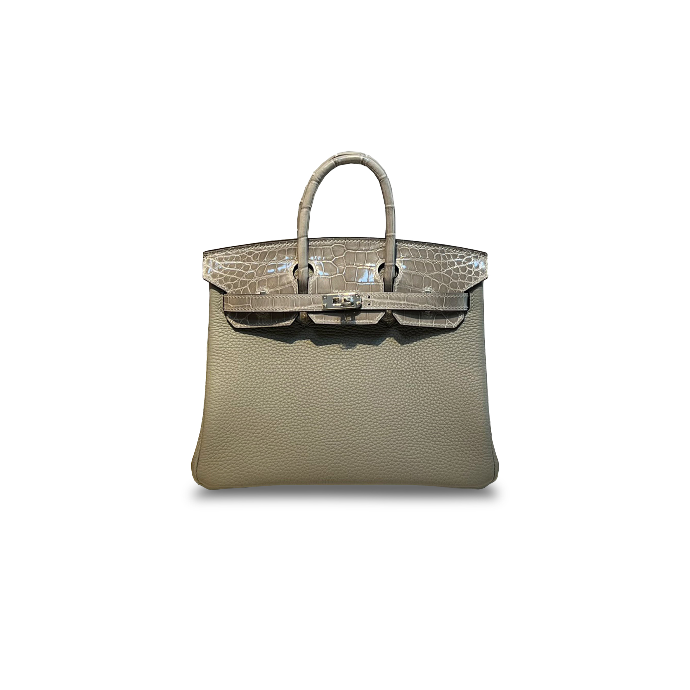 H**mes master birkin 25 crocodile and togo leather glacier grey silver buckle h076216ck37 (25*20*13cm)